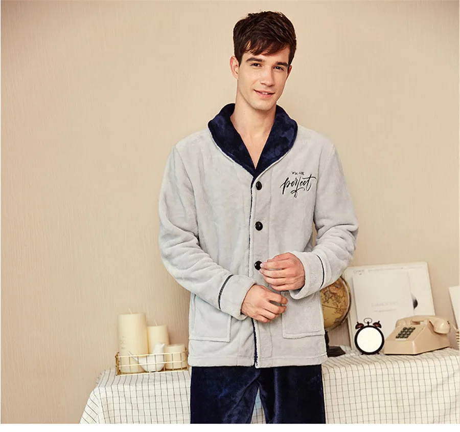 Модные Пижама с надписью комплект Мужская одежда зимние фланелевые утепленные мужские пижамы костюм повседневное Кнопка домашняя