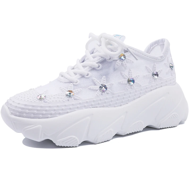 

neujge European station 2019 summer mesh rhinestone Thick bottom women shoes hollowed lace-up with sports white shoes 2253010