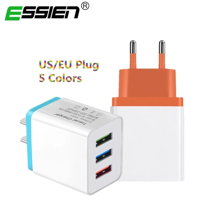 

ESSIEN 3 Port Universal EU/US Plug Fast Charge USB Charger Wall Adapter for iphone 7 6S 5S for Xiaomi Mi2/3/4 Redmi 1s/4/Note 4X