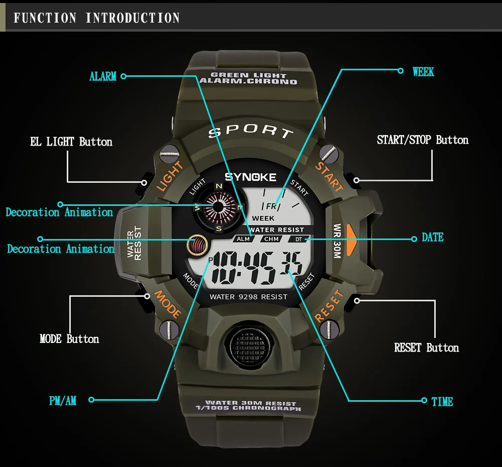 SYNOKE мужские спортивные часы винтажные многофункциональные военные цифровые светодиодный спортивные водонепроницаемые наручные часы с секундомером Relogio Masculino