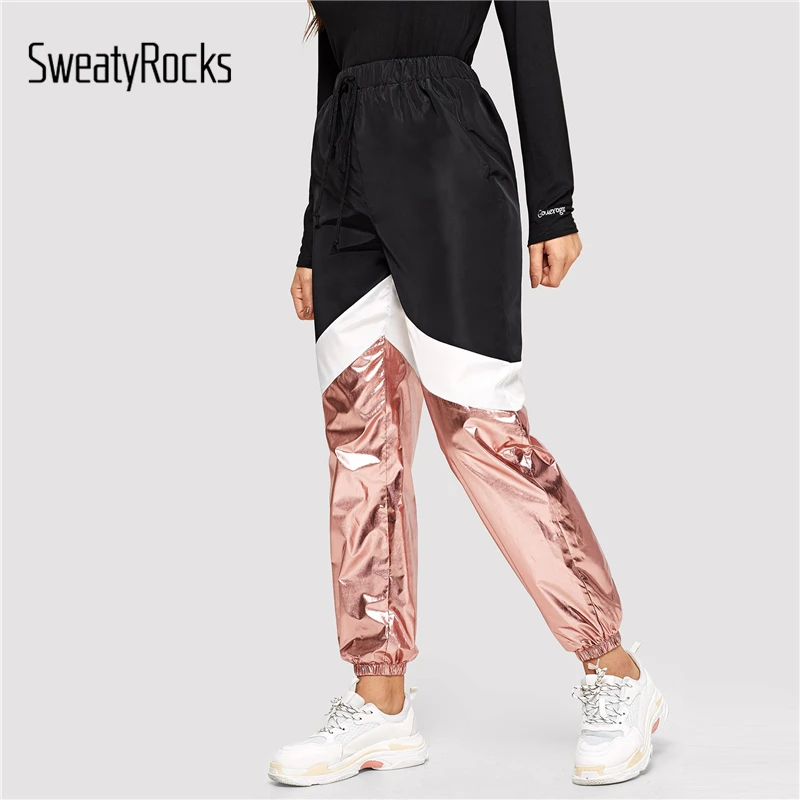 

SweatyRocks Colorblock Metallic Panel Sweatpants Women Elastic Waist Activewear Pants 2019 Spring Athleisure Pants And Trousers