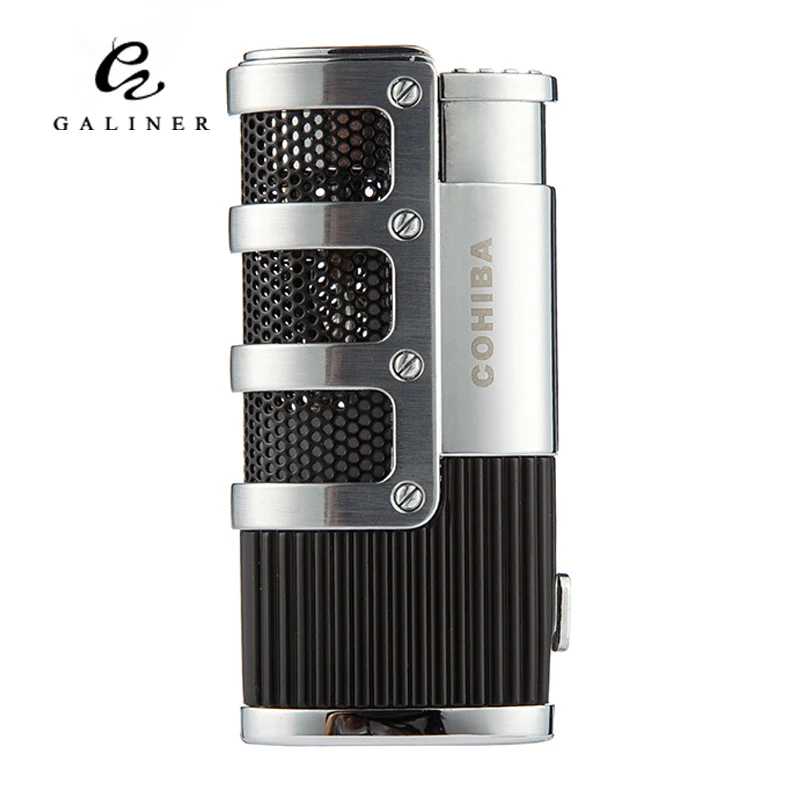 COHIBA зажигалка, наполненная Бутаном 3 факел реактивная зажигалка с сигарой перфорирующий резак аксессуары ветрозащитная Зажигалка подарочная коробка - изображение