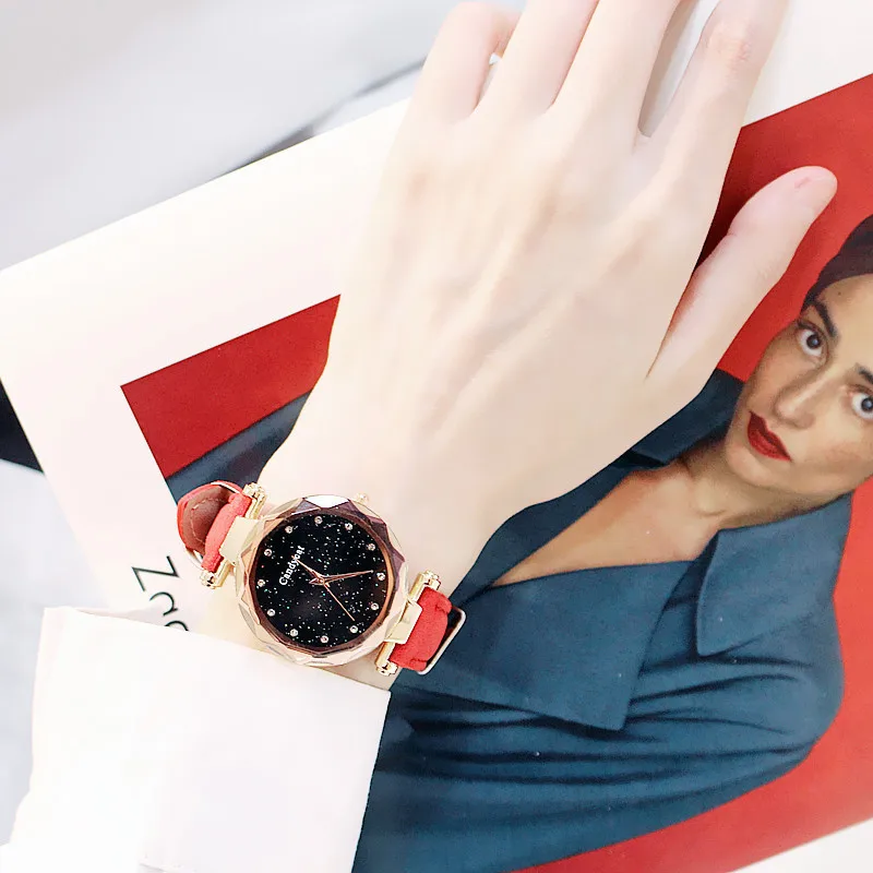 Роскошные Звездное небо часы для женщин модные женские кварцевые наручные часы красная кожа водонепроницаемые часы relogio feminino zegarek damski