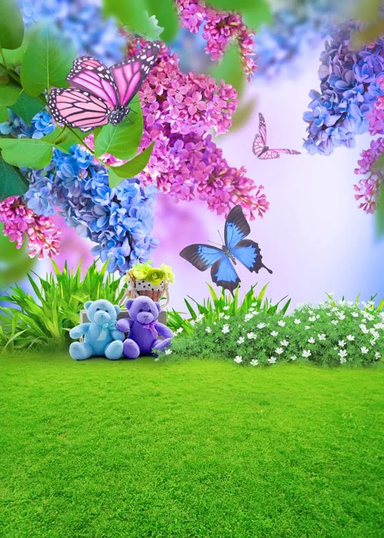 Spring scenic vinyl cloth butterfly flower green field photography