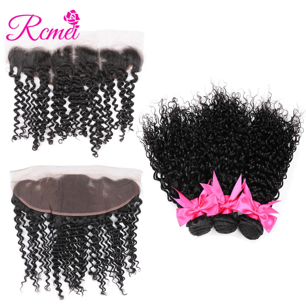 Rcmei Indian Hair Kinky Curly Lace Frontal With Bundle 3 Bundles With Frontal 100% Human Hair Lace Front Extensions