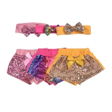 Летние Модная одежда для детей, Детская мода девушка мода блестками дизайнерские шорты с бантом+ повязка повседневные шорты, брюки C