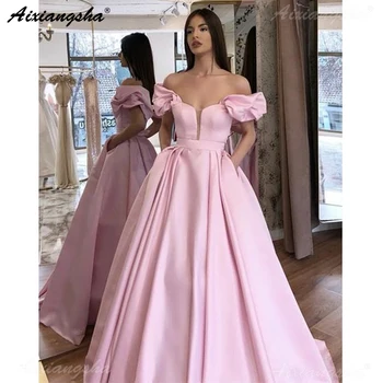 

Pink Long Prom Dresses Off the Shoulder Floor Length Formal Graduation Islamic Dubai Kaftan Saudi Arabic Evening Dresses 2019