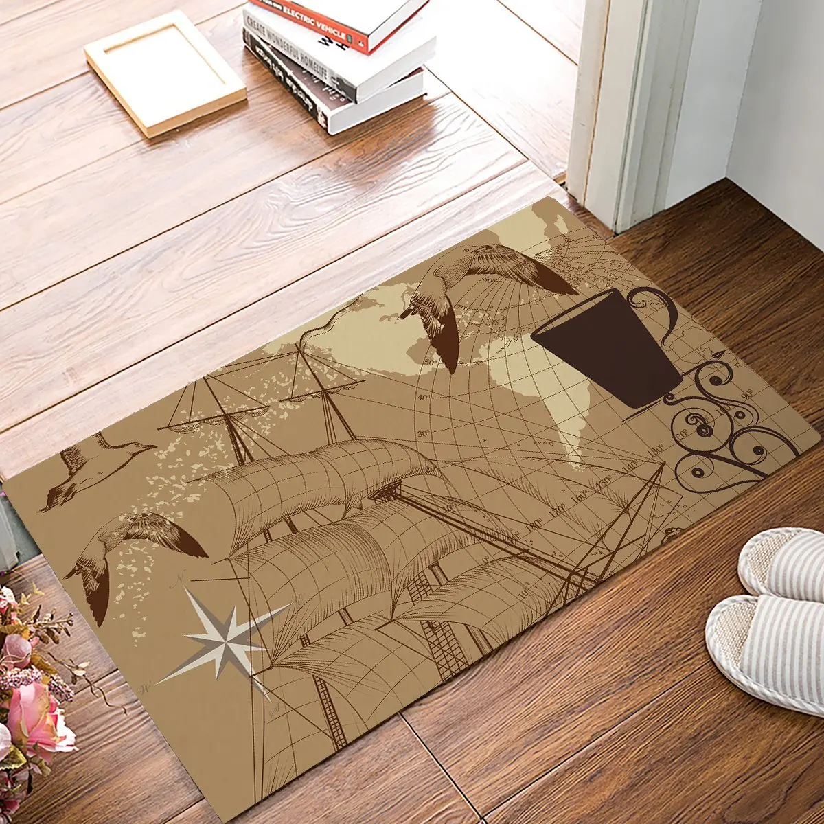 Vintage Patterned With Map Seabird Sailboat Anchor Door Mats