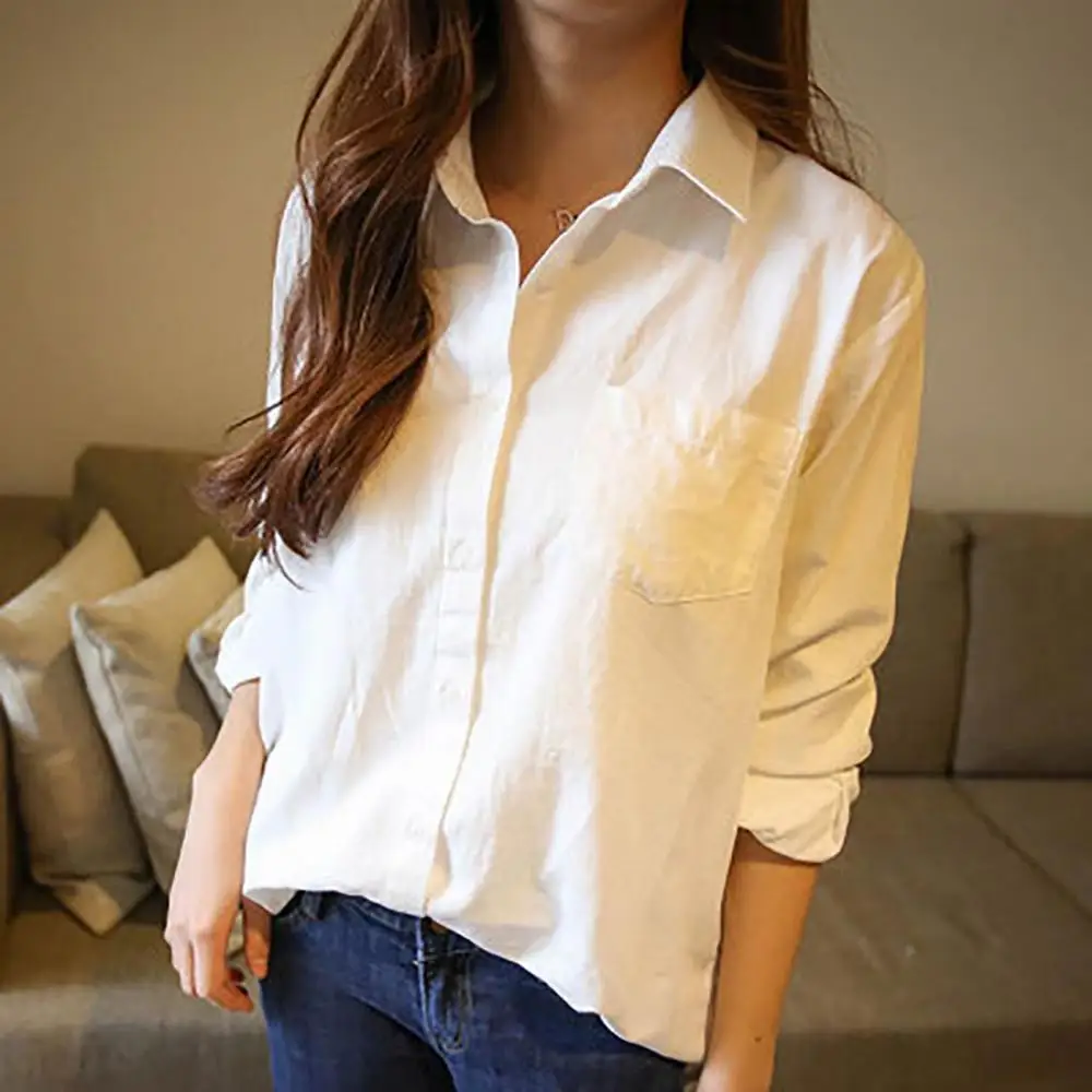 Женские рубашки блузки 2019 модные однотонные белые топы с длинными рукавами офисные женские рубашки на пуговицах весна-осень