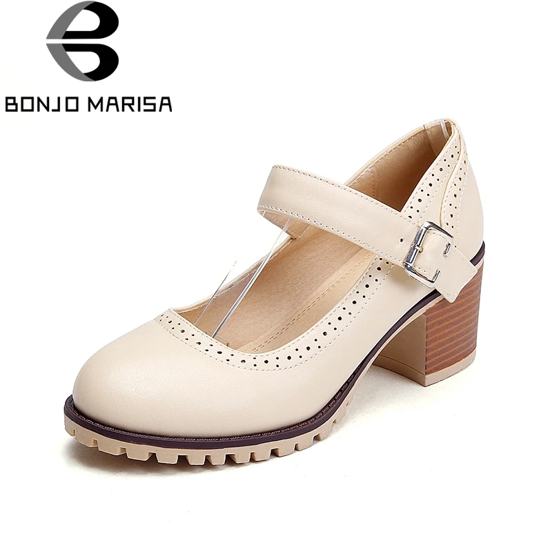 

BONJOMARISA 2018 Large Size 34-43 Buckle Strap Chunky Heels Women Shoes Woman Office Lady Pumps Apricot Pink Light Blue Shoes