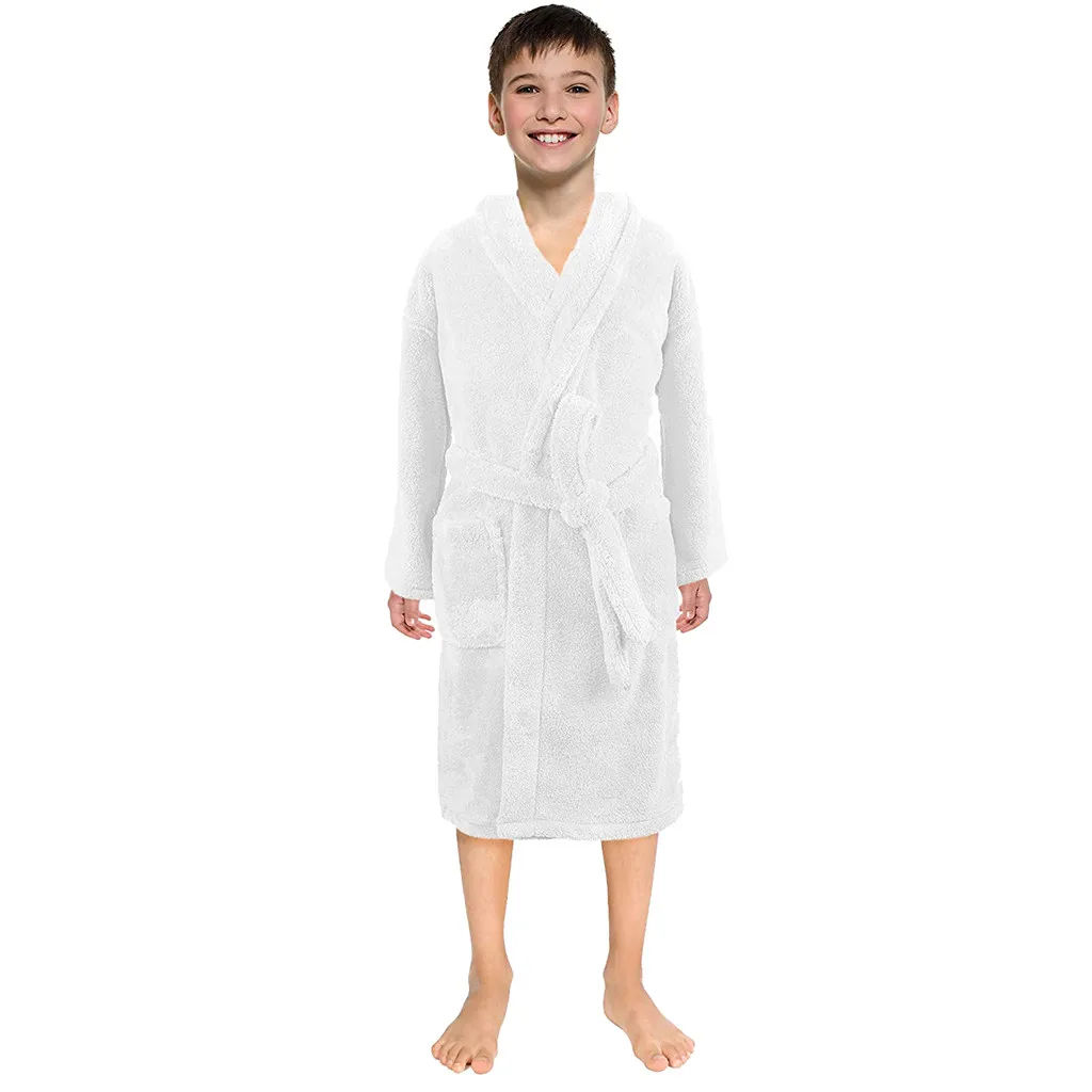 Новая мода для мальчиков девушки Твердые Цвет фланелевые халаты Ванная комната Ночная Повседневное длинный рукав ремень пижамы