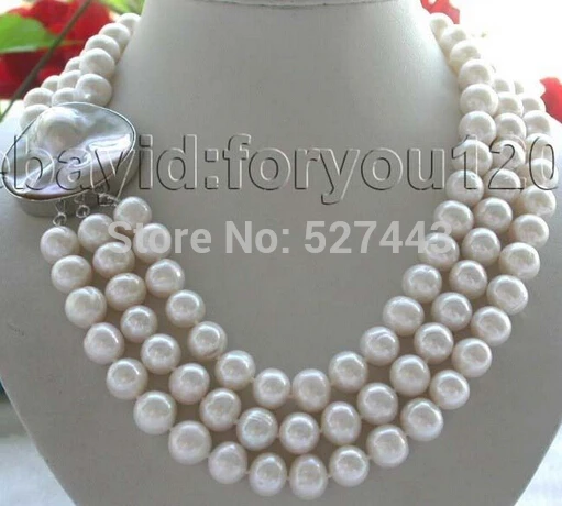 

Wholesale 3rows 17-19" Genuine Natural 10-11mm Rould white Pearl Necklace mabe clasp AAA