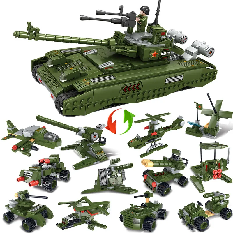 

912pcs 12in1 Children's building blocks toy Compatible Legoingly Military tank army unit armed helicopter Bricks birthday gifts