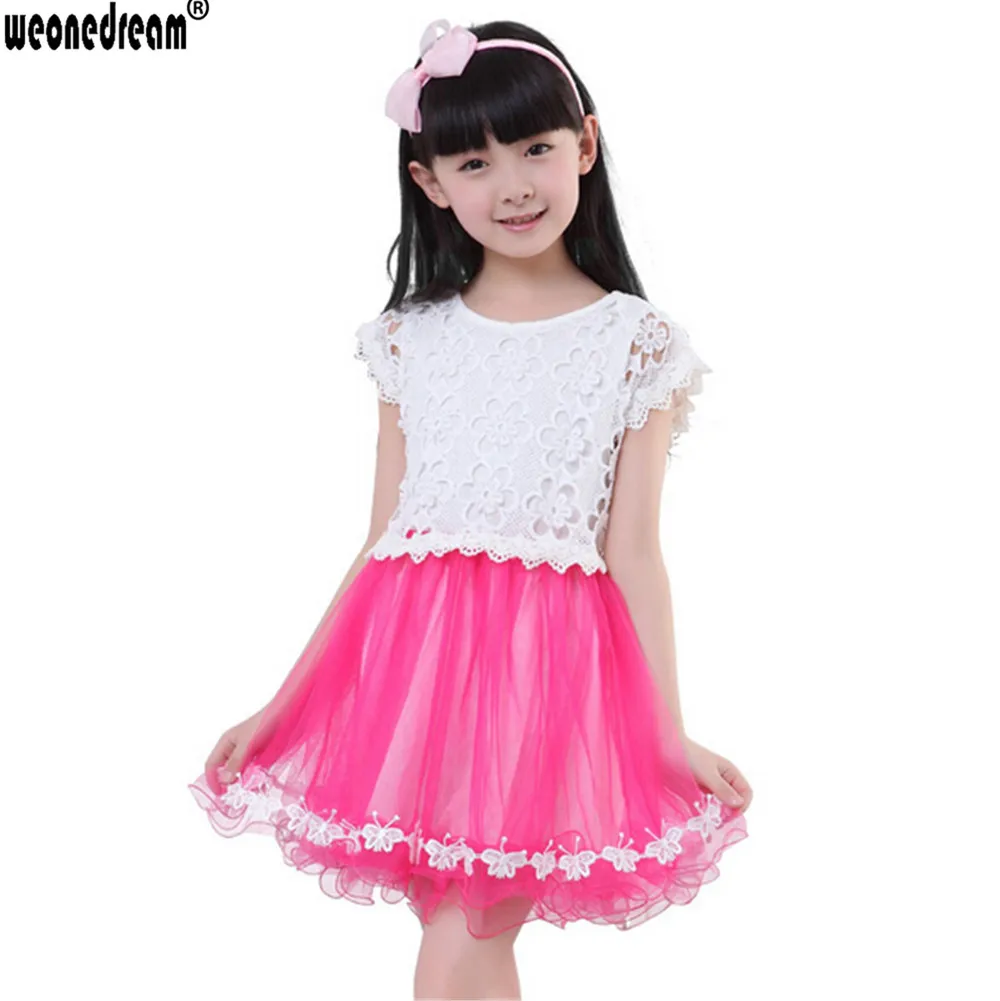 

WEONEDREAM 2017 New Hot Sale Summer Beautiful Girls Dresses 3 Colors Short Sleeve Hollow Out Butterfly Edge Design Kid Clothes
