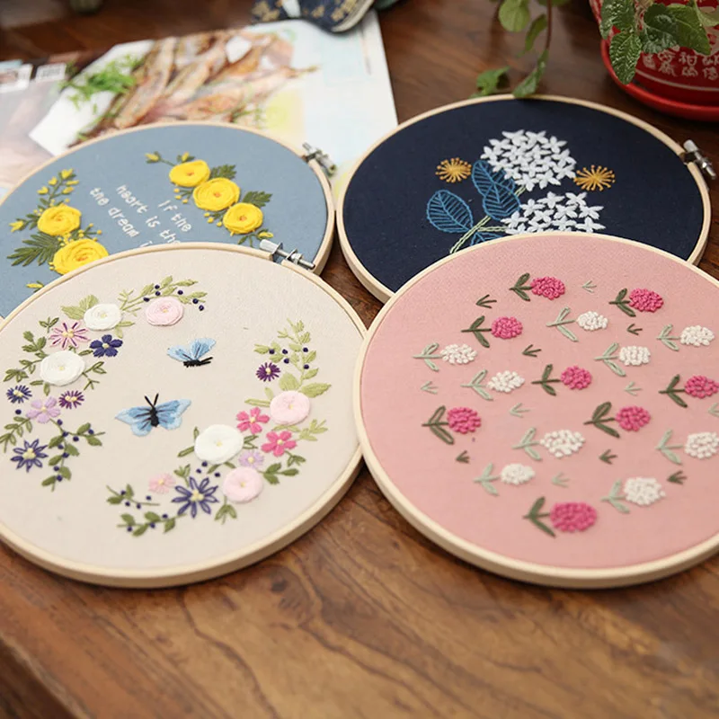 

DIY Flower Hand Embroidery Kits Cross Stitch Sets 3D Needlework Printed Canvas with 15cm Hoop for Beginners Handmade Painting