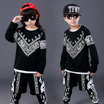 

Popular Spring Autumn Kids Hip Hop Clothings for Boys Girls Performance Children Clothing Sport Suits Dance Top & Pants Black