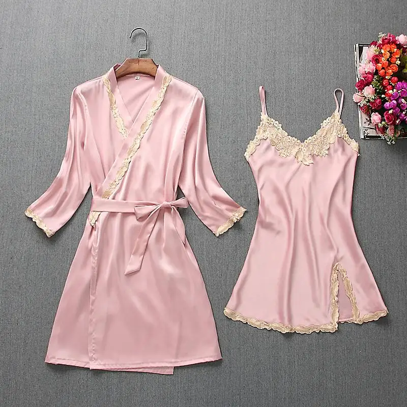 Модный женский топ из 2 предметов на бретелях Пижама комплекты одежды для сна Женская домашняя одежда спальный костюм соблазнительное кимоно халат пижамы m-xl - Цвет: dark pink