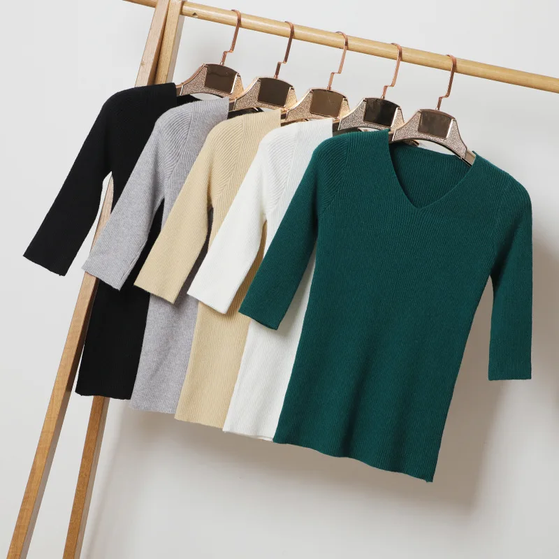 Queechalle, 13 цветов, новинка, Осенний вязаный пуловер, v-образный вырез, половина рукава, тонкий свитер для женщин, m-xxl размера плюс, женские топы