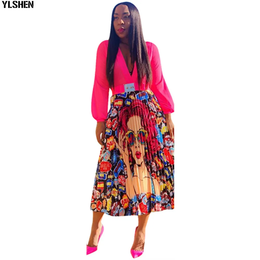 

Cartoon Pleated Skirt African Dresses For Women African Clothes Africa Dress Print Dashiki Ladies Clothing Plus Size 2019 New