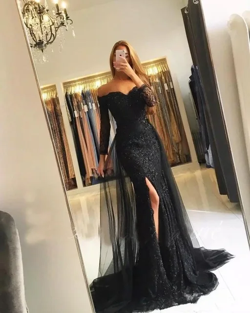Black Muslim V Neck Mermaid Evening Dresses 2019 Floor length Lace Beaded Party Prom Dress Long Sleeve Vestido de Festa | Свадьбы и