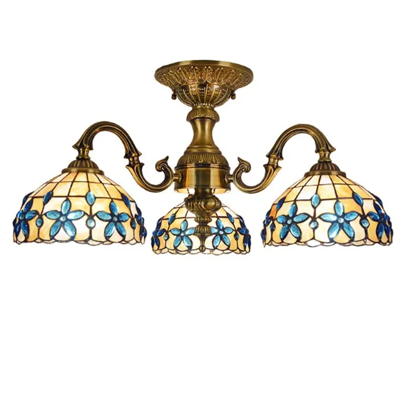

Blue Flower Bowel Chandelier Shell Cover Surface Mounted Ceiling Light European Mediterranean Hanging Lamps