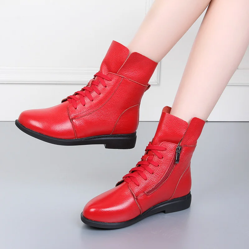 DRKANOL/Новое поступление года; зимние сапоги из натуральной кожи на квадратном каблуке; женская обувь; модные теплые женские ботильоны на молнии со шнуровкой - Цвет: Красный
