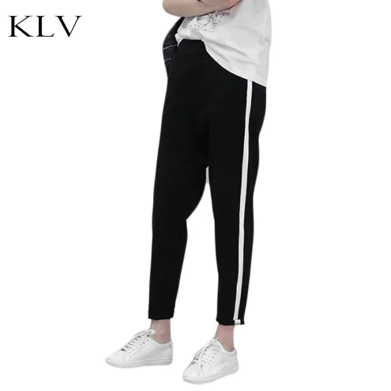 

Plus Size Spring Mid Waist Harem Pants Vertical Stripes Printed Long Jogger Trousers Slim Drawstring Elastic Bottoms With Pocket