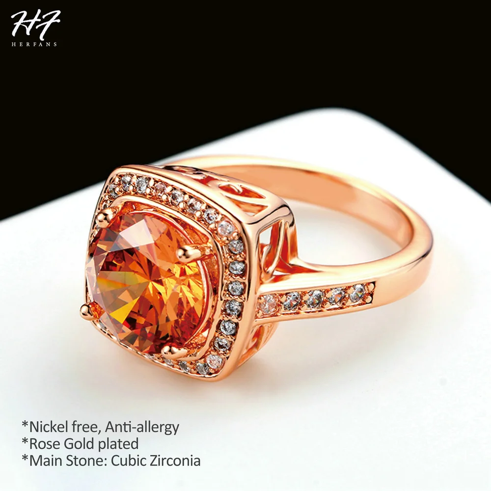 Trendy Champagne Crystal Rings for Women AAA+ Cubic Zirconia Rose Gold Color Fashion Jewelry Xmas Gift for Girls R057