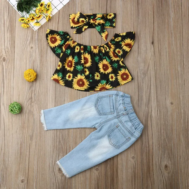 

2019 Summer Toddler Kids Baby Girl Clothes Clothing Set Floral Off Shoulder Tops+Ripped Jeans Denim Pants Outfits 6M-4Y