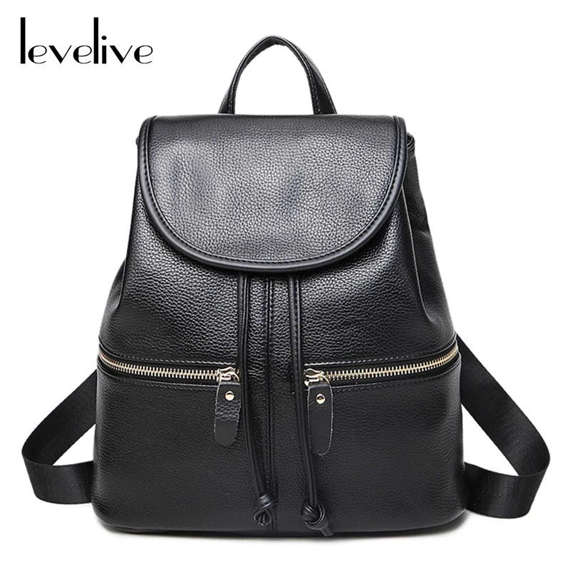

LEVELIVE Preppy Style Women's Leather Backpack Women Backpacks for Teenage Girls School Bags Black Bagpack Female Mochilas Mujer