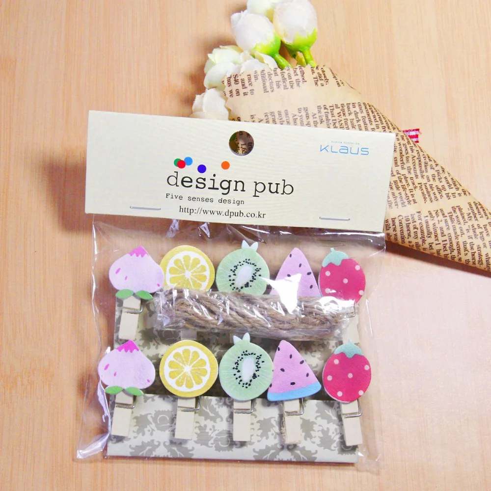 

10 Pcs/Lot Varius Delicious Fruit Wooden Clip Photo paper Clothespin Craft Clips Party Decoration Clip with Hemp Rope