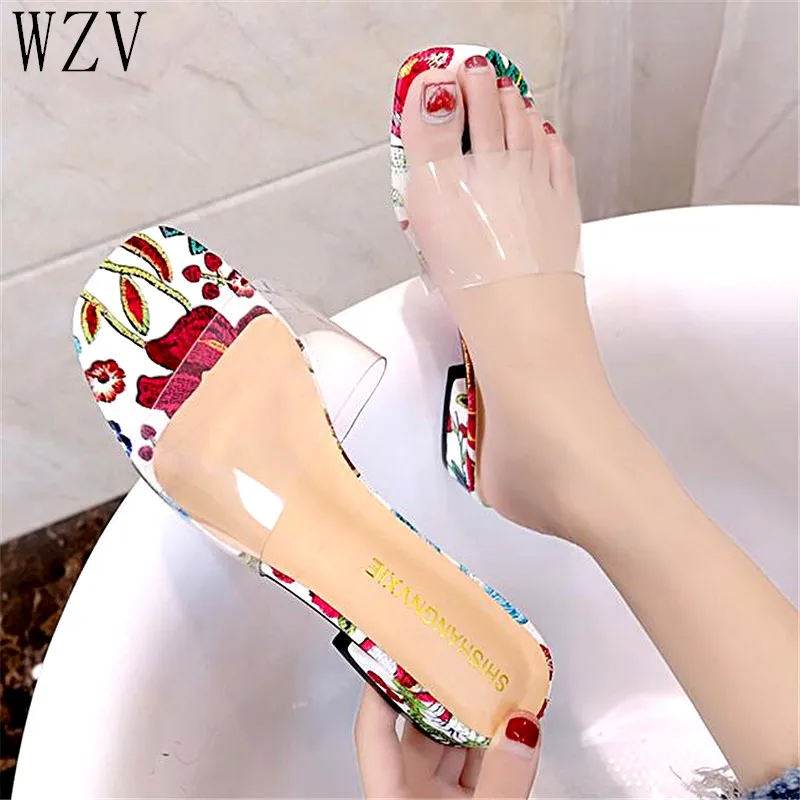 

New 2019 PVC Women Slippers Crystal Sandals Thick Heels Flips Flops Female Summer Party Shoe Open Toe For Women Shoes E679