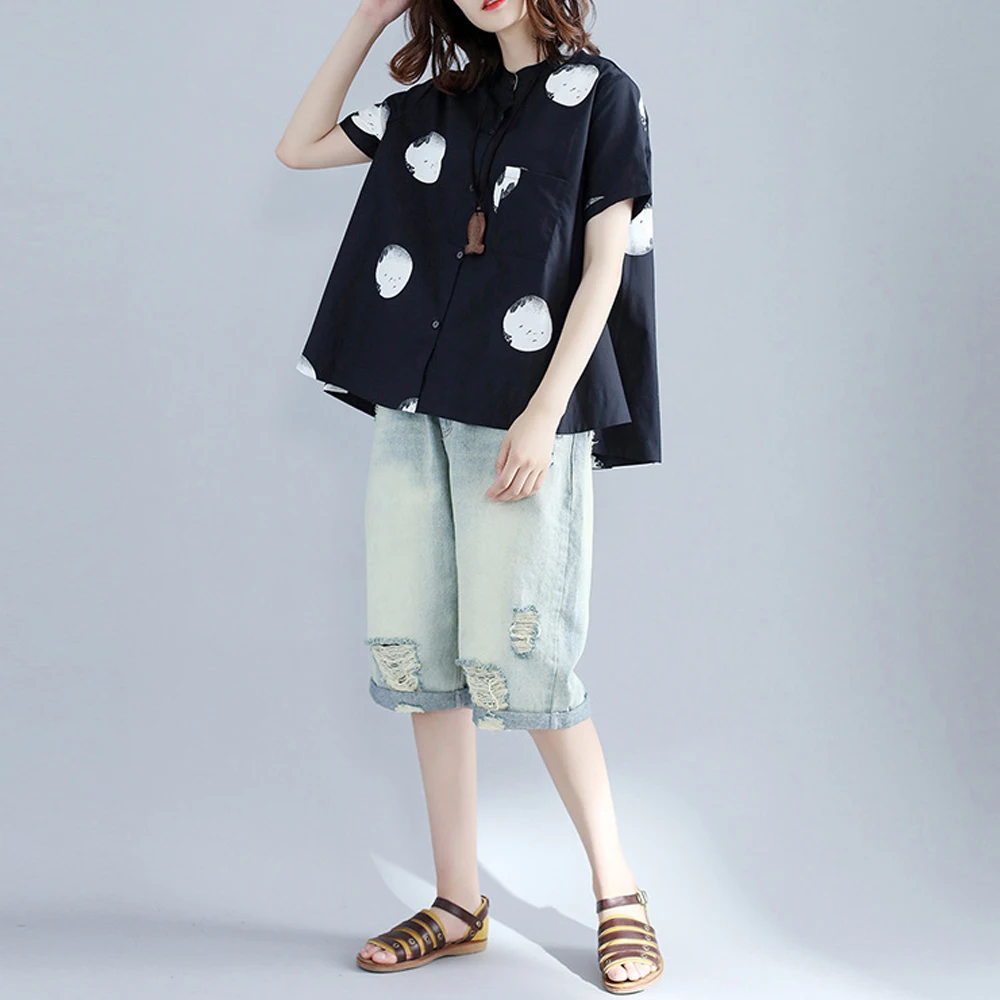 Spring and summer new style Loose short sleeve printed shirt Polka dot printed short-sleeved top