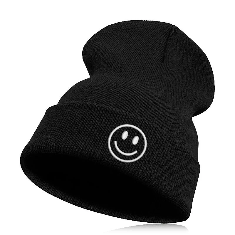 Beanie шляпа Skullie шапка, вязаная шапка-носок Зимняя Вышивка в стиле панк Для мужчин Для женщин личности подростков уличных танцев-улыбка Добрый день настроение - Цвет: black white