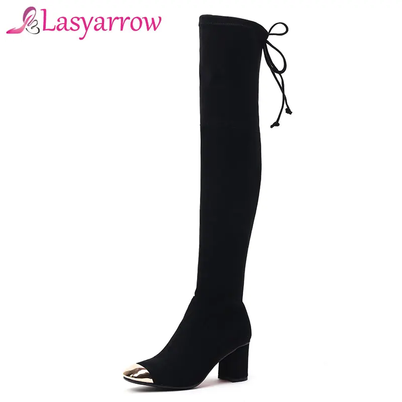 

Lasyarrow Autumn Winter Boots For Women Sexy Black Slim Botas Mujer Metal Decoration Square Toe Hoof Heels Sexy Women's Shoes