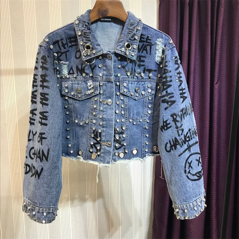 

Punk Style Letter Print Rivets Beading Women Autumn Jacket Coat Loose Style Women Denim Jacket Coat Crop Tops Abrigos Mujer