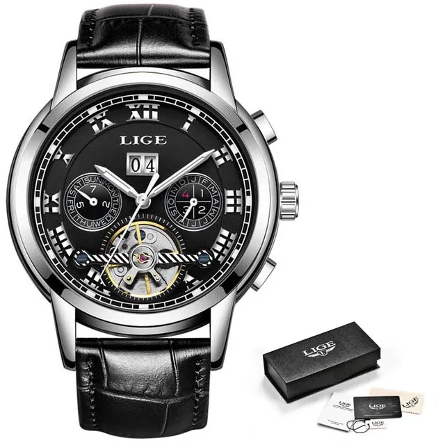 silver black-L Relogio Masculino LIGE мужские s часы лучший бренд класса люкс Мужские автоматические механические часы модные деловые водонепроницаемые часы - Цвет: silver black-L