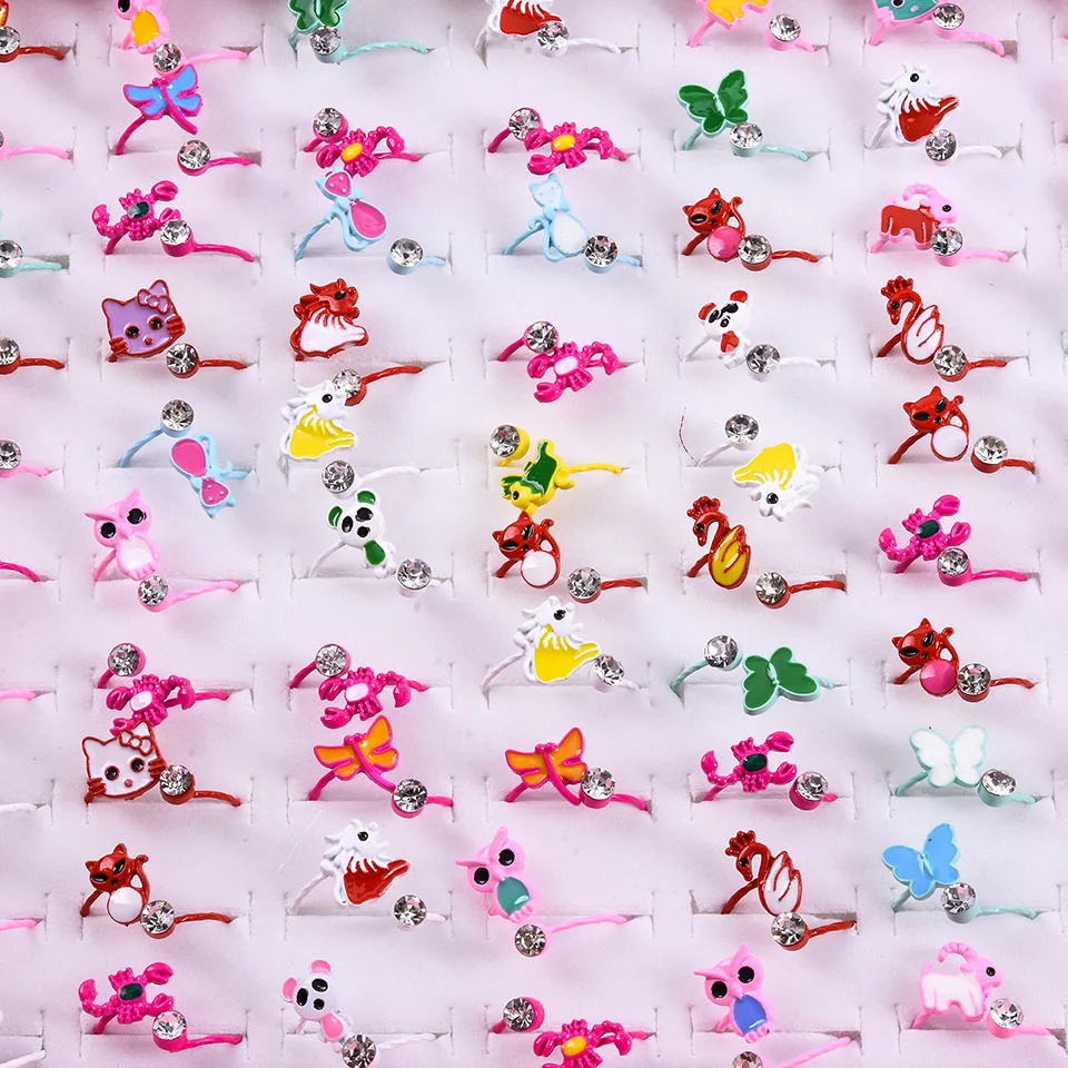 

Wholesale Mixed Assorted Cartoon Crystal Copper Adjustable Rings Baby Kids Girls Mix Styles Party Gift Jewelry With Display Box
