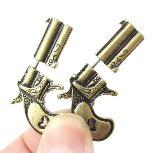

2pcs/lot 2016 New fashion Fake Double Pistol Gun Shaped Faux Plug Stud Earrings for Women piercing body jewelry