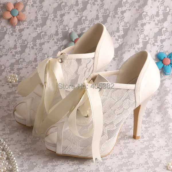 

Wedopus Lace-up 2017 Women Cream Lace Wedding Shoes Bridal Peep Toe Dropshipping