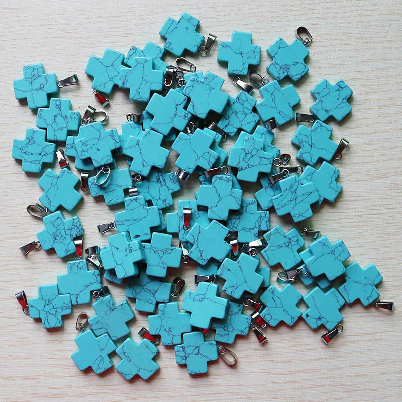 Blue turquoise 25 шт./партия, хит, натуральный камень, смешанный цвет, крест, подвеска для изготовления украшений ожерелья, подарок для женщин,, 20 мм - Окраска металла: Blue turquoise