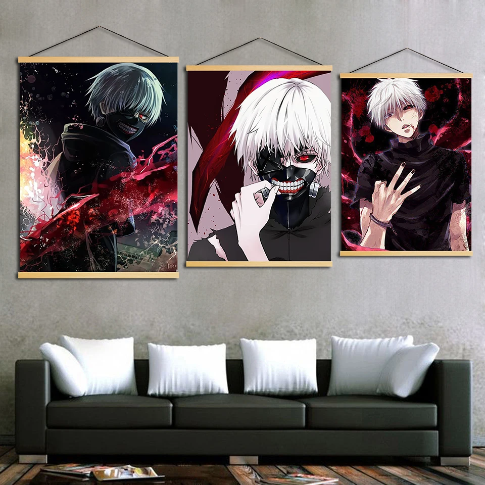 

Wall Artwork Hanging Posters Modern Comic Tokyo Ghouls Painting Printed Canvas Home Decoration Solid Wood Scroll For Kids Room