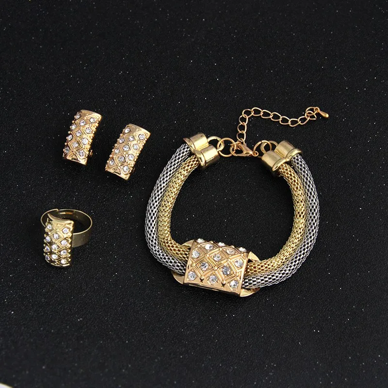 Горячее предложение Новые женские модные Ювелирные наборы винтажные Двойные цепи кристалл браслет серьги ожерелье регулируемое кольцо женский свадебный подарок