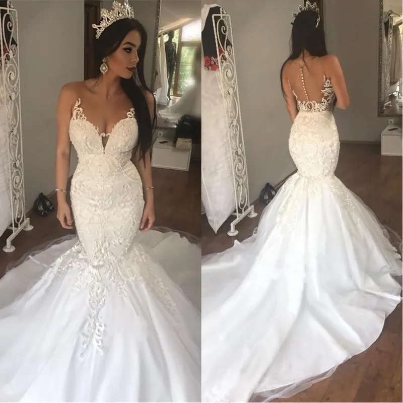 Vestido De Noiva Великолепная Русалка Свадебные Gows 2019 Иллюзия Назад аппликация кружево Свадебные платья ручной работы платье невесты