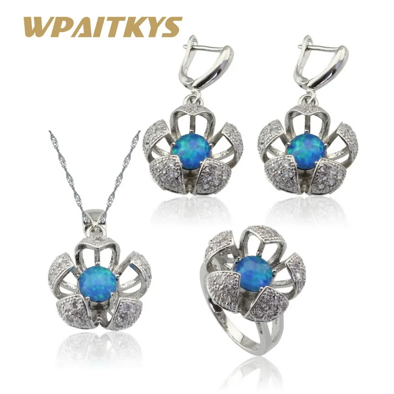 

Fire Blue Opal Silver Color Bridal Jewelry Sets Women White Blue 3 colors Earrings Necklace Pendant Ring Free Gift Box
