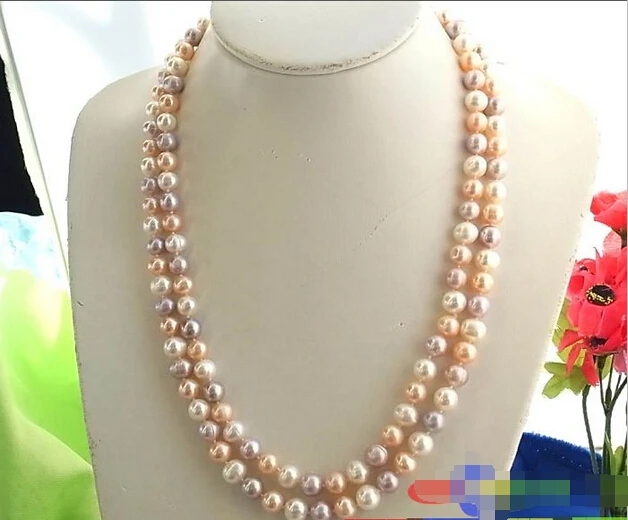 

p971 48" 9MM PINK LAVENDER WHITE ROUND FW PEARL NECKLACE ^^^@^Noble style Natural Fine jewe FREE SHIPPING