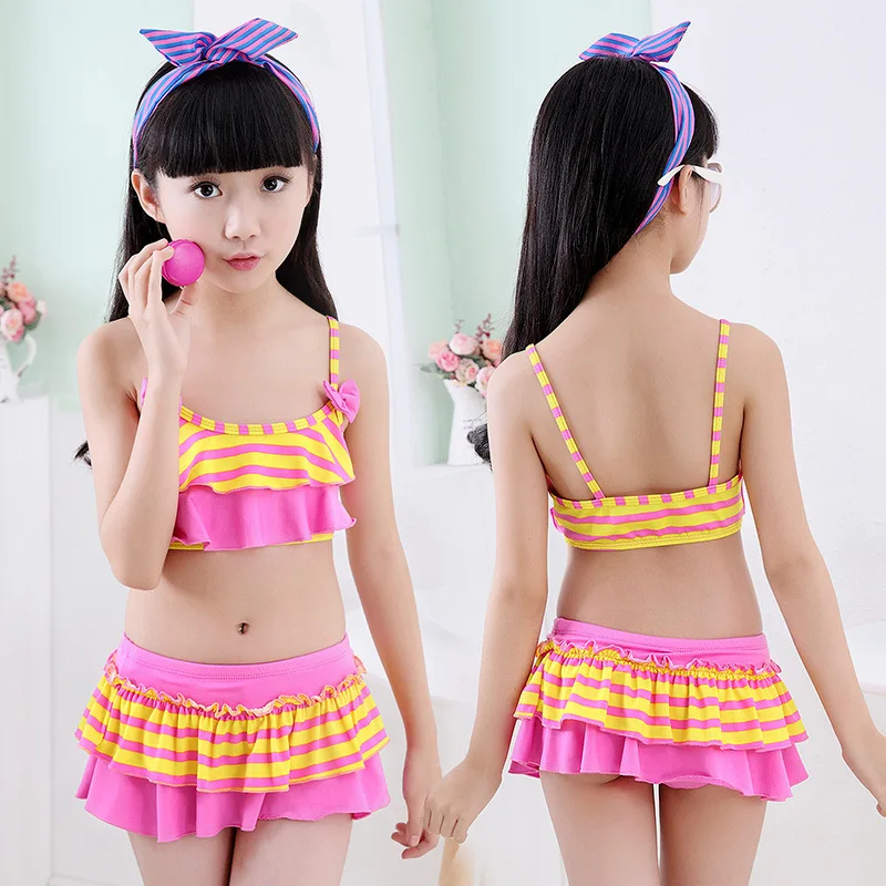 

2019 Summer New Pop Kids Swimsuit Striped Children Swimwear Kids Two Pieces Skirted Swimsuit Girls Bikini Beach Wear Swimsuit