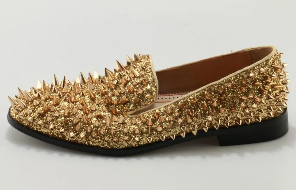 Для мужчин Мокасины Золото Алмаз Стразы шипами Мокасины с заклепками туфли с красной подошвой Свадебная вечеринка мужская обувь