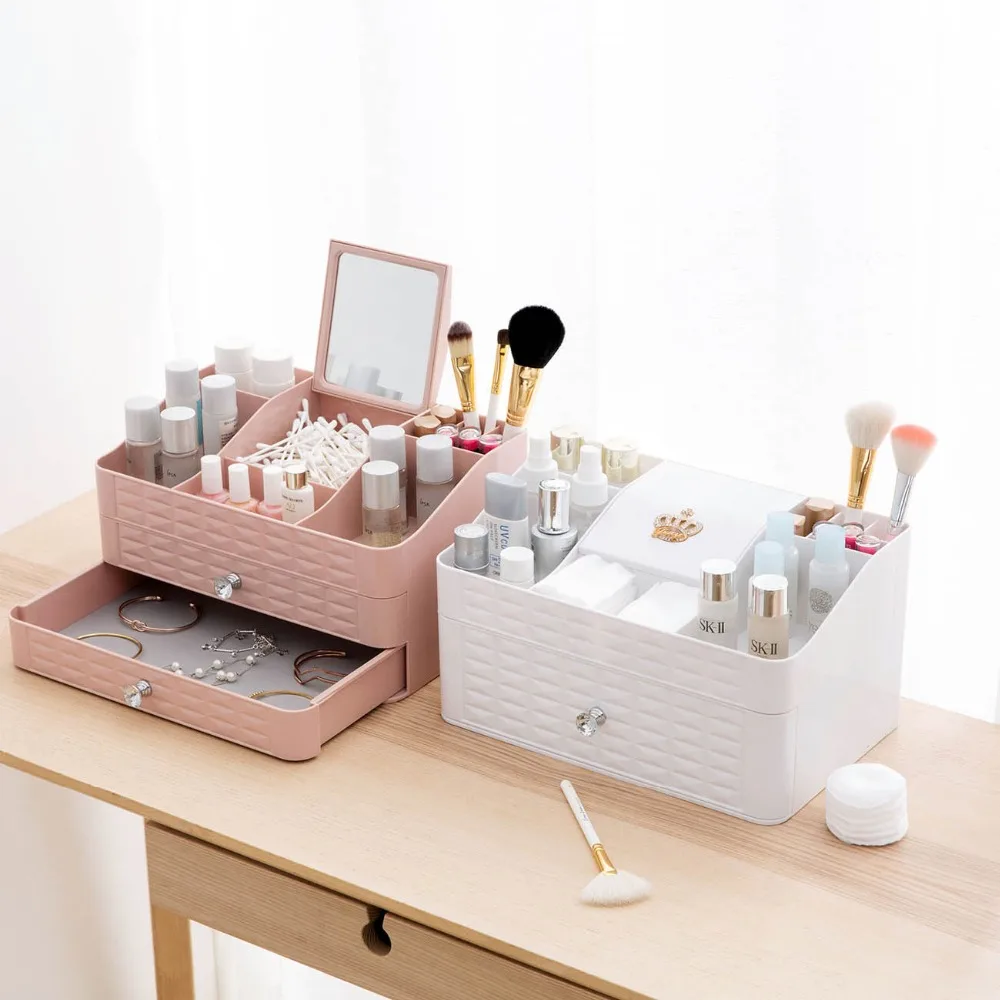 

OTHERHOUSE Makeup Organizer Desktop Cosmetic Storage Box Rack Lipstick Jewelry Organizer Case Container Shelf With Mirror
