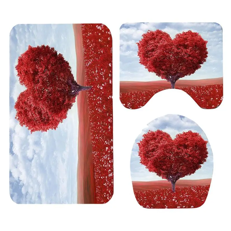 

3 pcs Bathroom Mats Set Soft Heart Tree Printed Non-slip Toilet Seat Lid Cover Rug Washroom Carpet Mat for Home Hotel